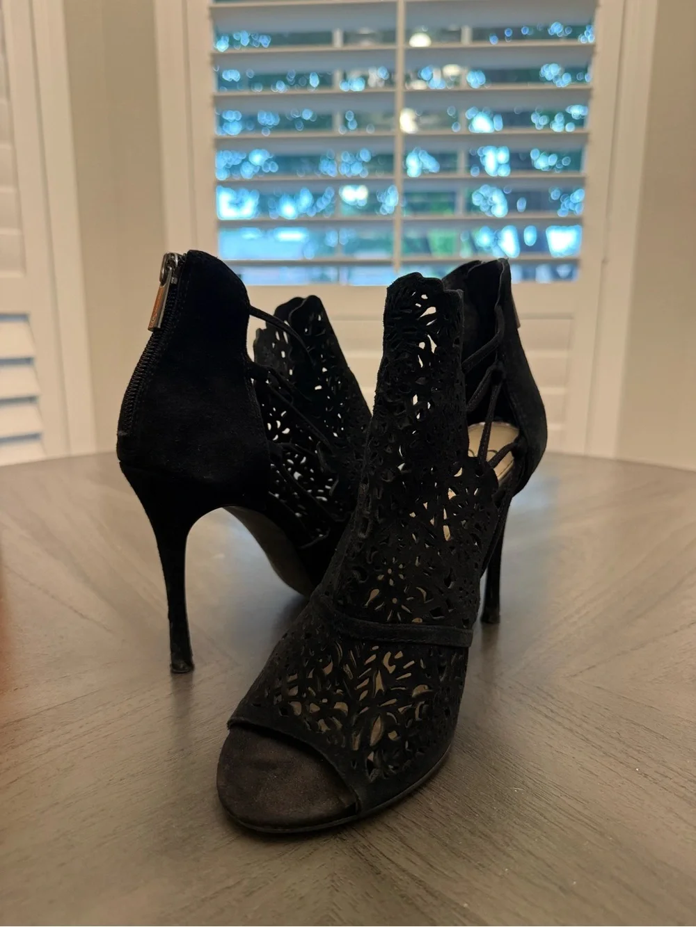 Black Laser-Cut High Heel Sandals - Size 7